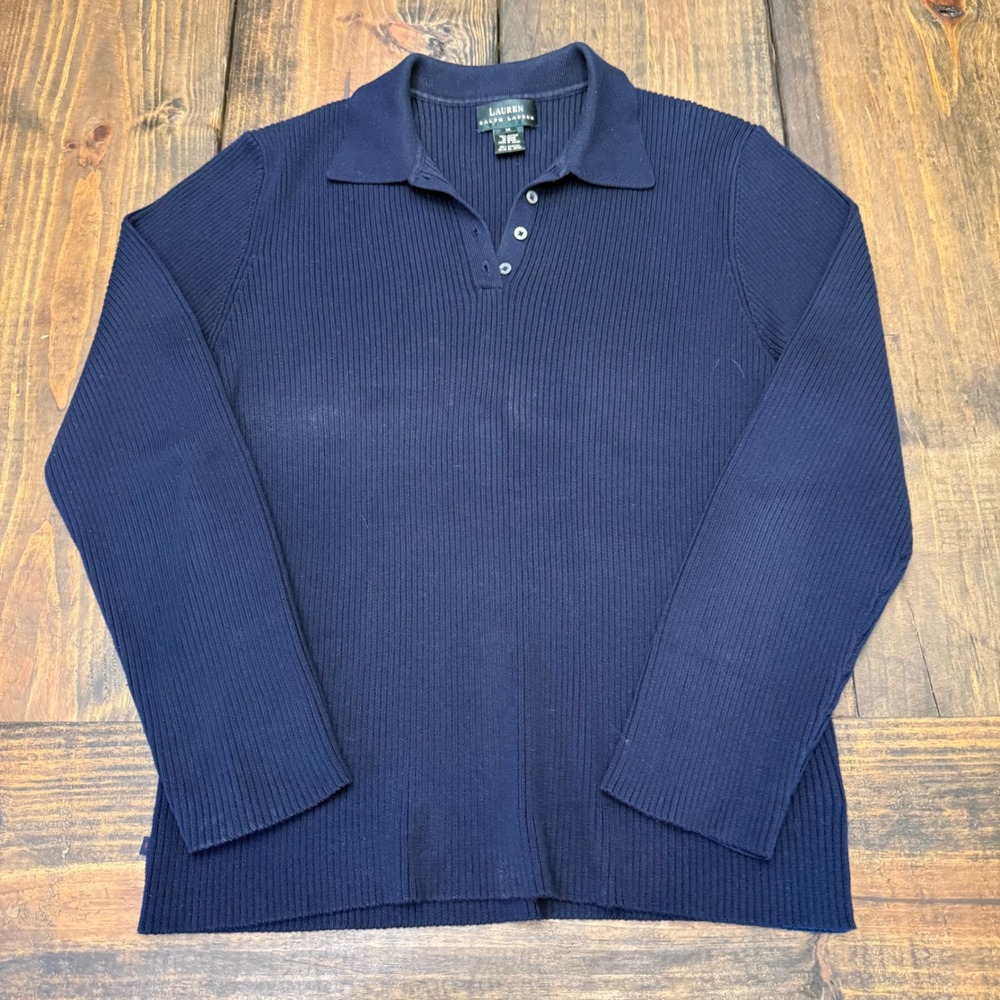 Lauren Ralph Lauren Navy Blue Ribbed Cotton Polo Sweater Womens XL Long Sleeve